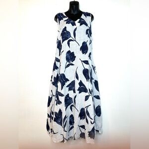 Luca Vanucci Womans Maxi Dress M Blue Floral Italian Linen Lagenlook Sleeveless